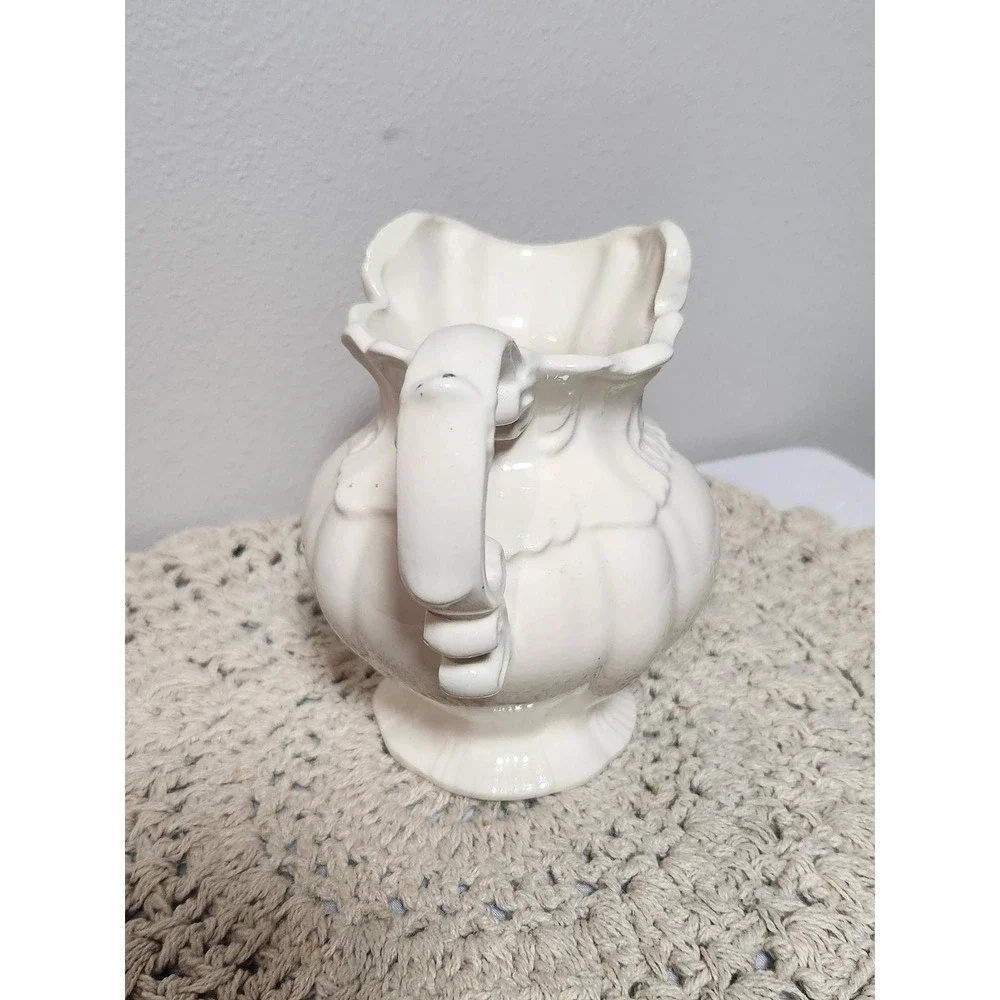 Vintage Cream Ceramic Floral Pitcher Purple Rose Decorative Vase Scalloped Rim